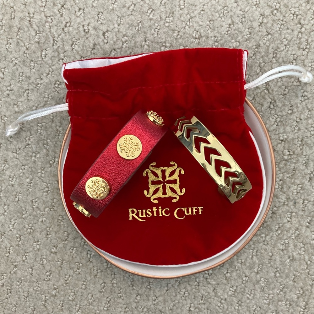 2 Rustic Cuff Red Leather Gold Bracelets Bracelet